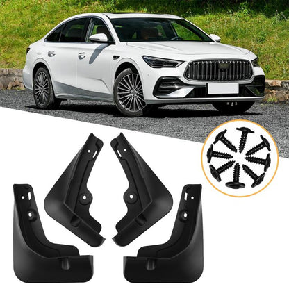 Black car splash mud flaps set, four fender guards with mounting holes and brackets