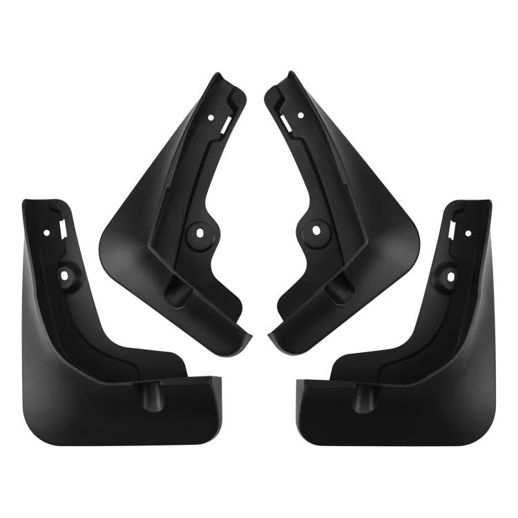 Set of four black car mud flaps with mounting brackets and screw holes