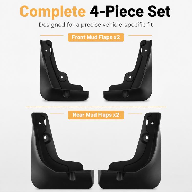 Complete four-piece black mud flap set with front and rear guards