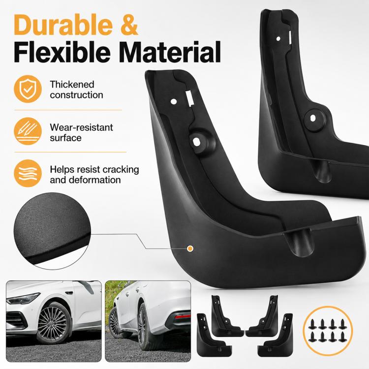 Black flexible mud flap guards with mounting tabs and circular screw holes