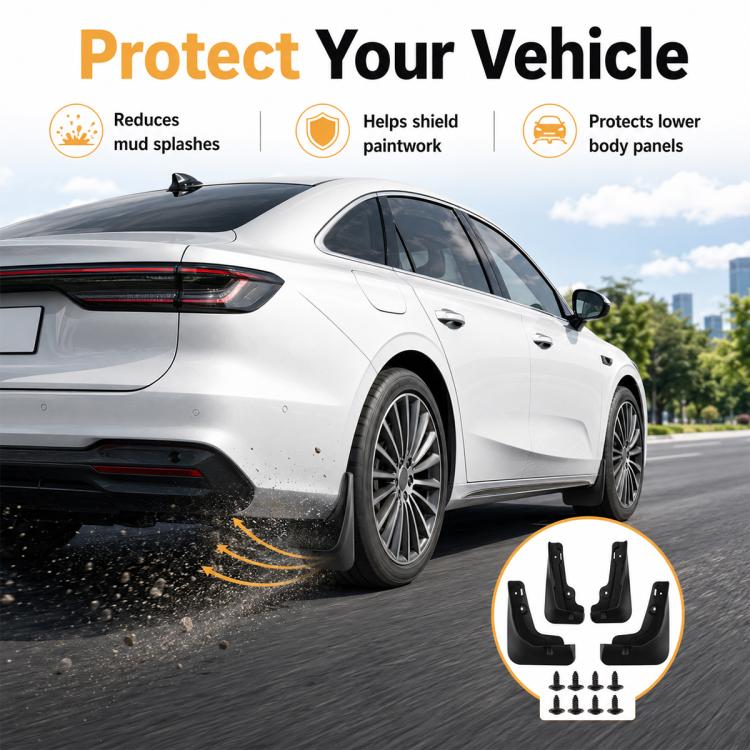 Black mud flaps on a white sedan, reducing road splash and debris at wheels