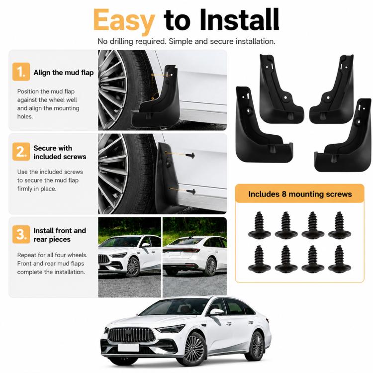 Black mud flap set with included mounting screws for easy installation