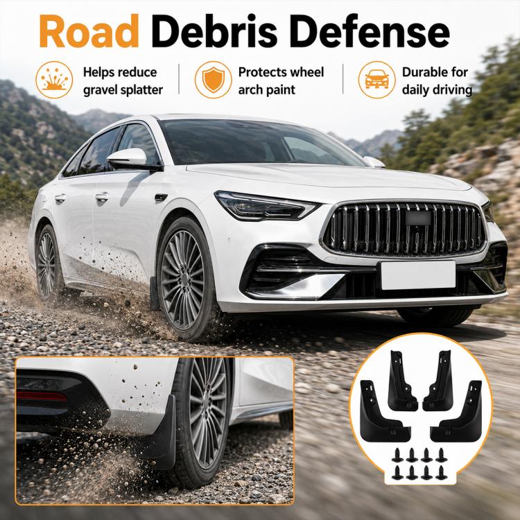Black splash guards on a car wheel area, helping deflect road debris