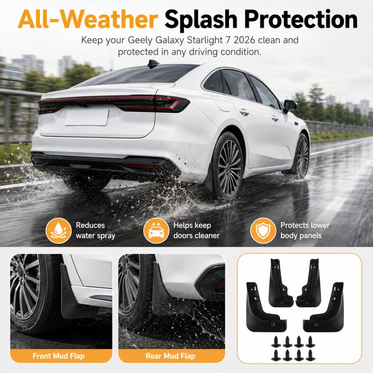 Black front and rear mud flaps for splash protection on a vehicle
