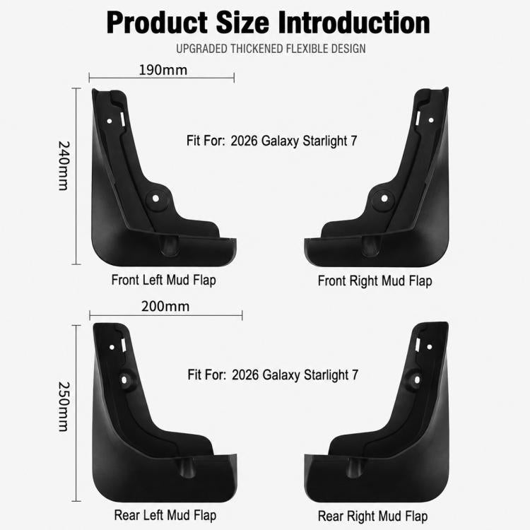Black front and rear mud flap size diagram for a Galaxy Starlight 7 fit