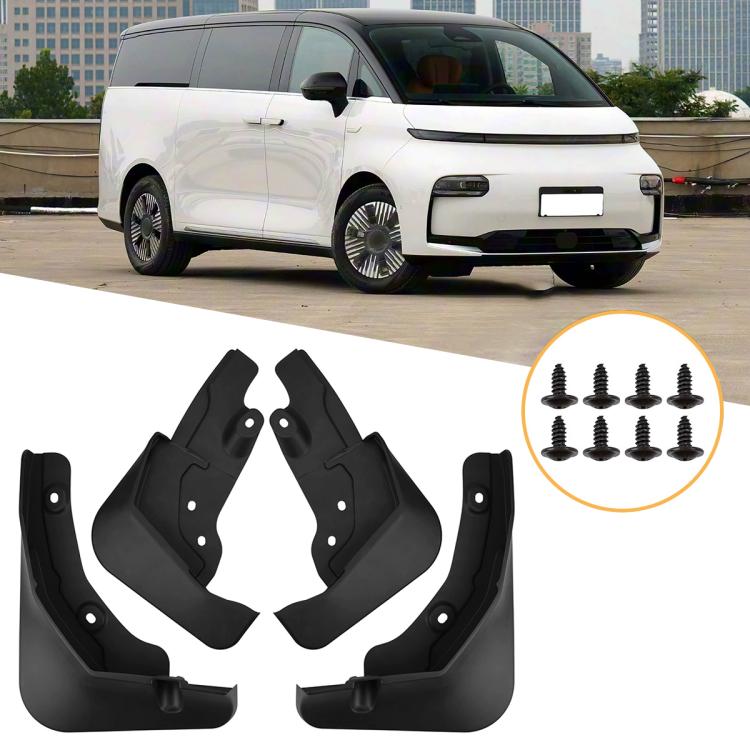 Set of four black car mud flaps with mounting holes and screws