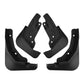Four-piece black splash guard mud flap set, front and rear pieces with holes