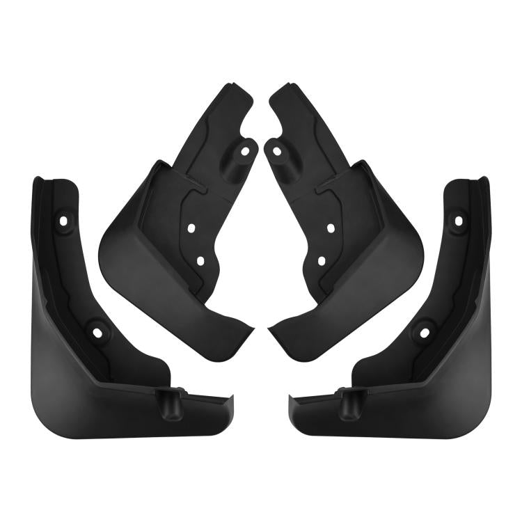 Four-piece black splash guard mud flap set, front and rear pieces with holes