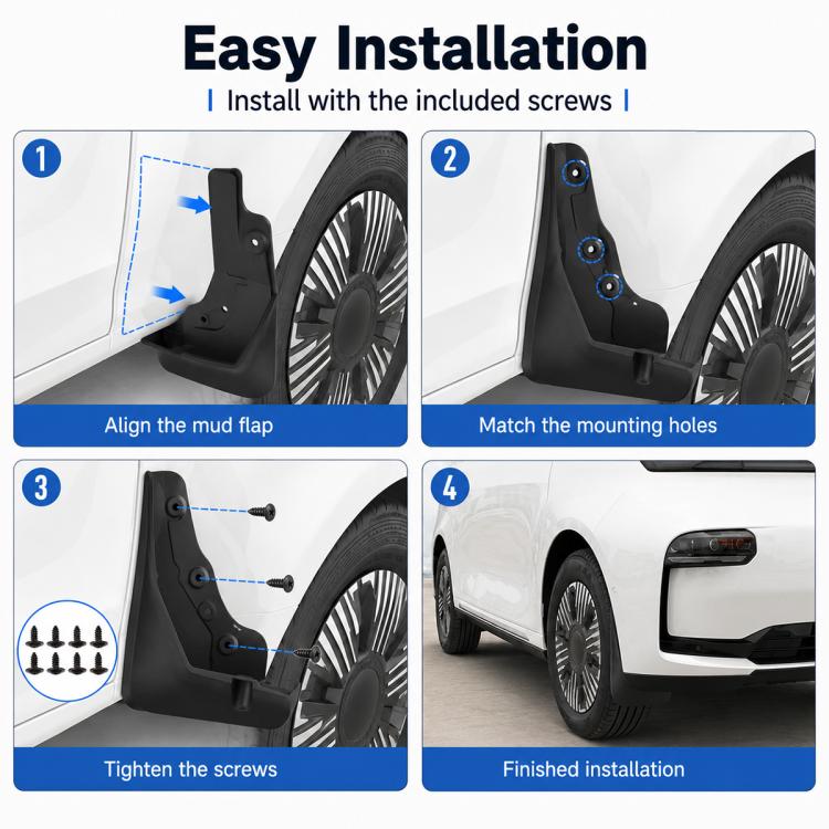 Black mud flaps set with mounting screws, shown aligned on wheel well