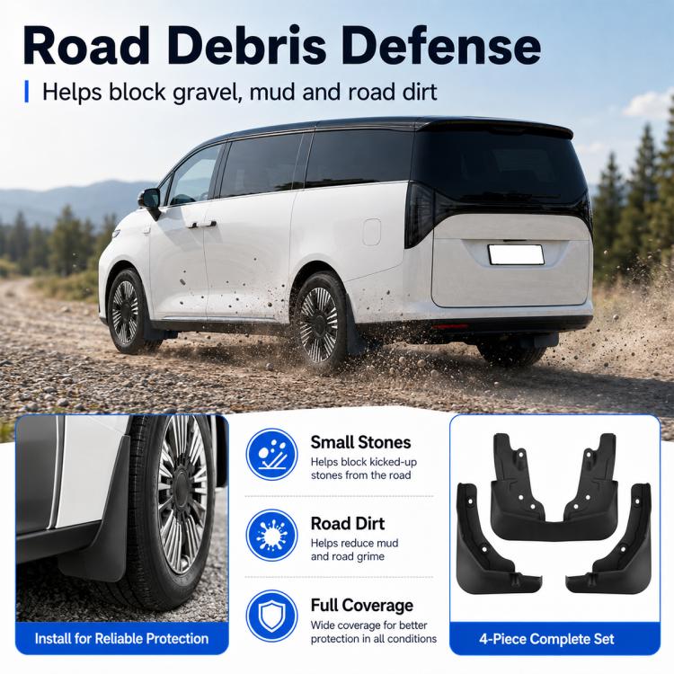 Black splash flaps for vehicle tires, covering front and rear wheel openings