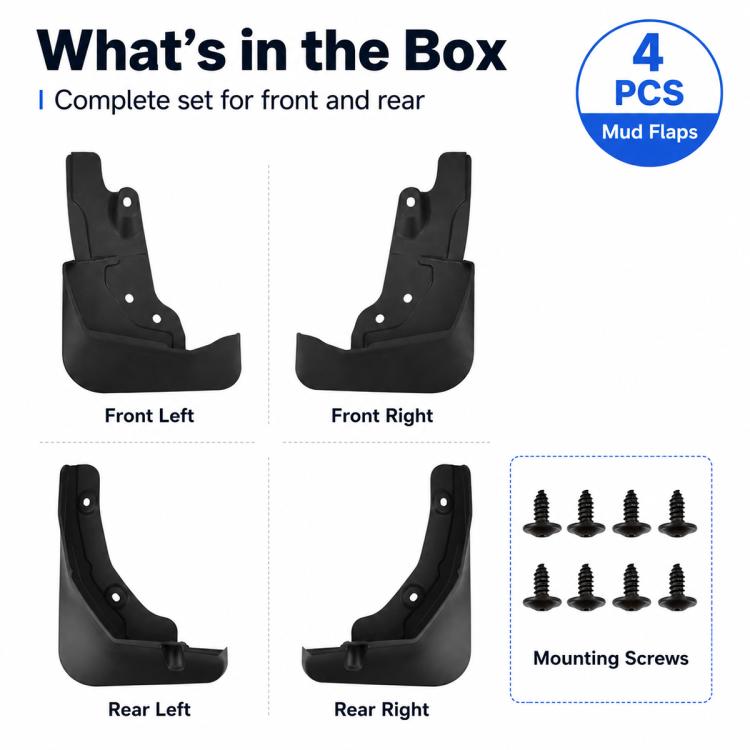 4-piece black mud flap set with mounting screws for front and rear positions