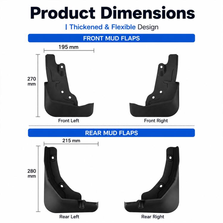 Black front and rear mud flaps set with labeled measurements and mounting holes