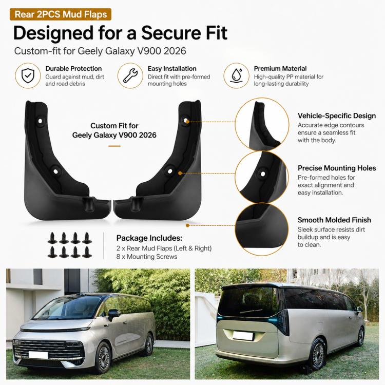Rear wheel splash flaps set, black PP guards with mounting holes, 2-piece