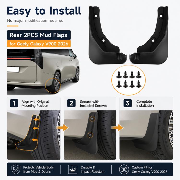 Rear wheel splash flaps with mounting screws, black guards, 2-piece