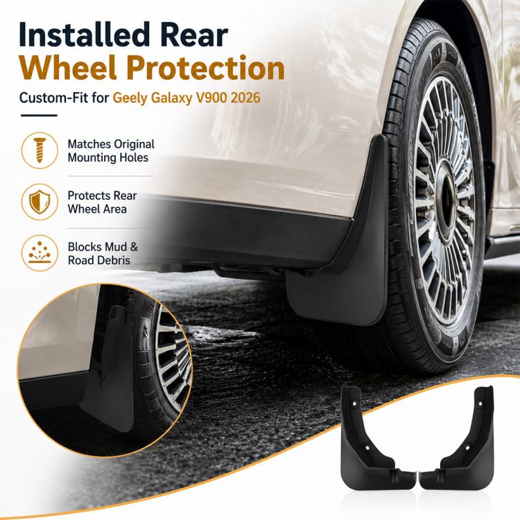 Rear wheel splash flaps installed near rear wheel, black guards, 2-piece