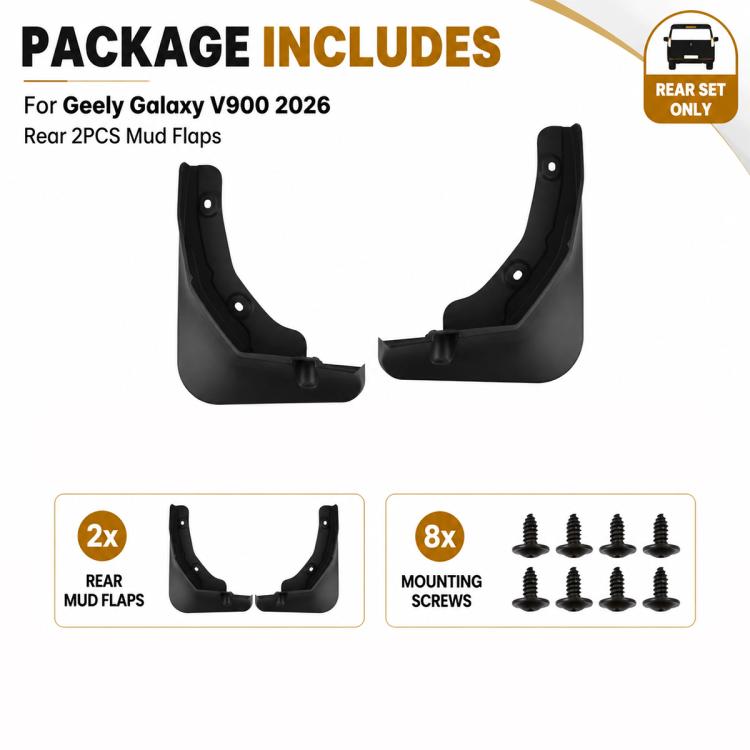 Rear wheel splash flaps package with 8 mounting screws, black, 2-piece
