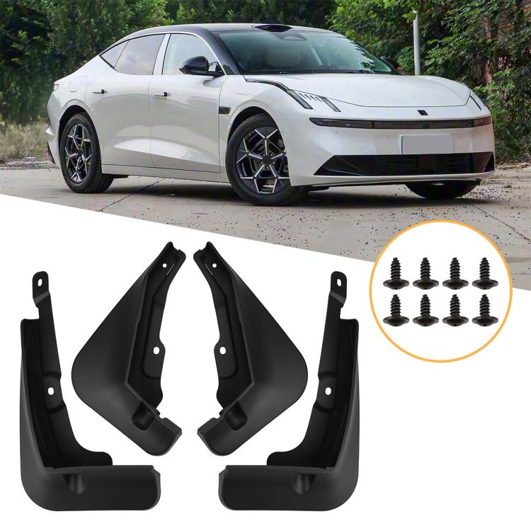Black car wheel splash flap set, includes 4 mudguards and mounting screws