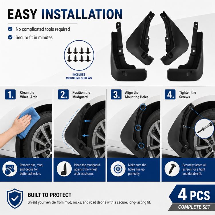 Black wheel splash guards set of 4, mud flaps with pre-drilled mounting holes