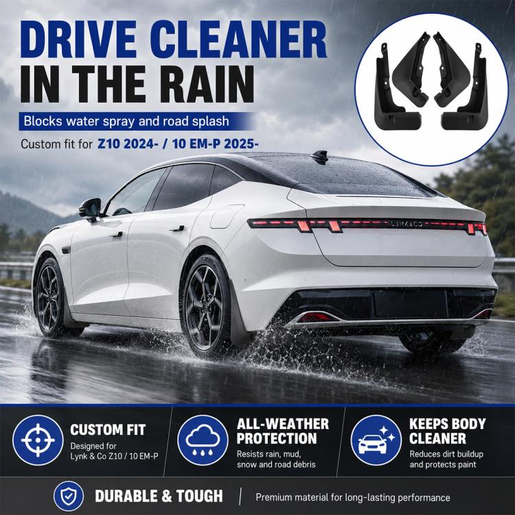 Black splash flap set for car, rain-ready mudguards with contoured fender fit