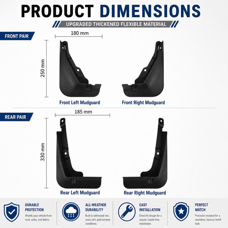 Black front and rear mudguard splash flaps, curved guards with mounting holes