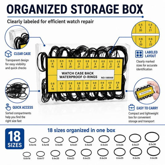 Pack of assorted black watch O-rings in a clear labeled storage case