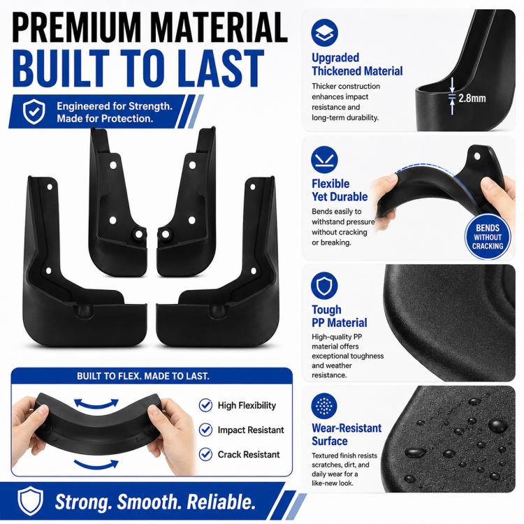 Black molded wheel splash flap set, showing four guards with bolt holes