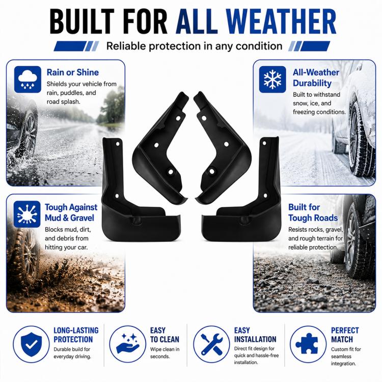 Black wheel splash flap set for all-weather road protection, 4-piece guards