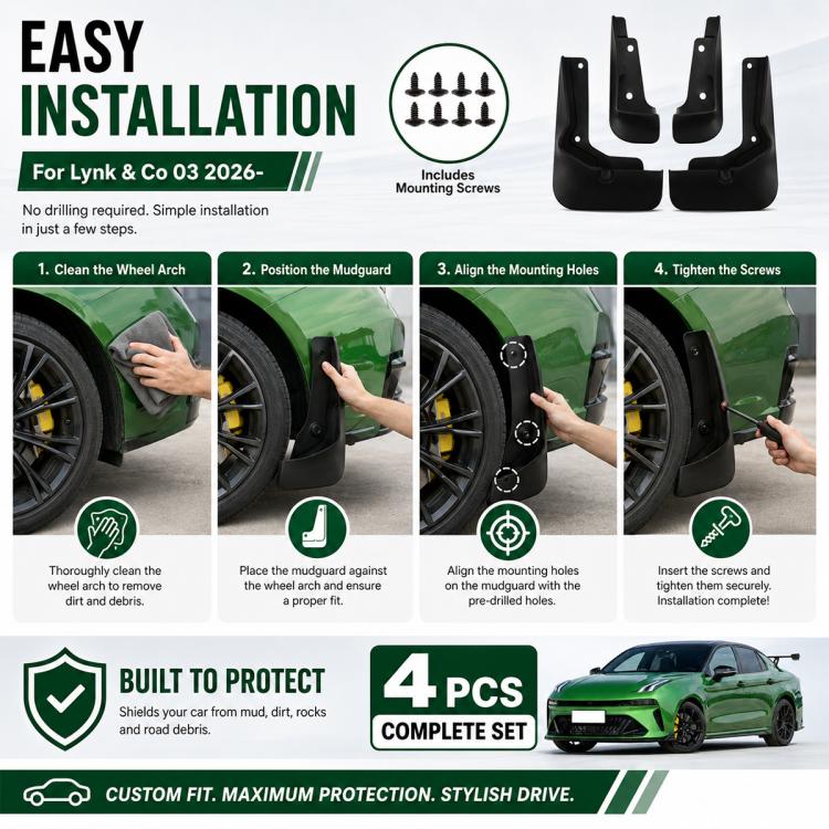 Black car splash flaps kit with mounting screws and predrilled attachment holes