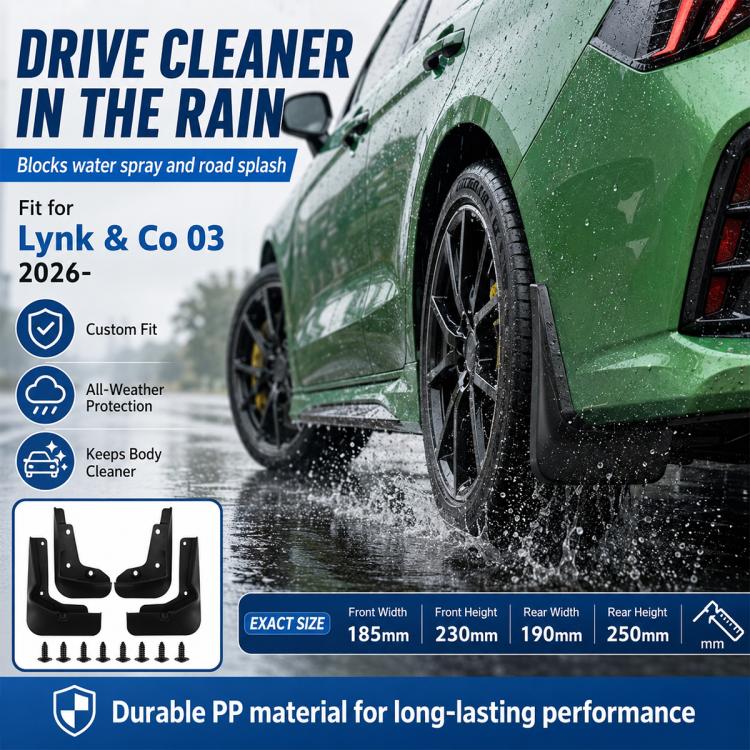 Black wheel splash flap installed on car wheel, blocking water spray and splash