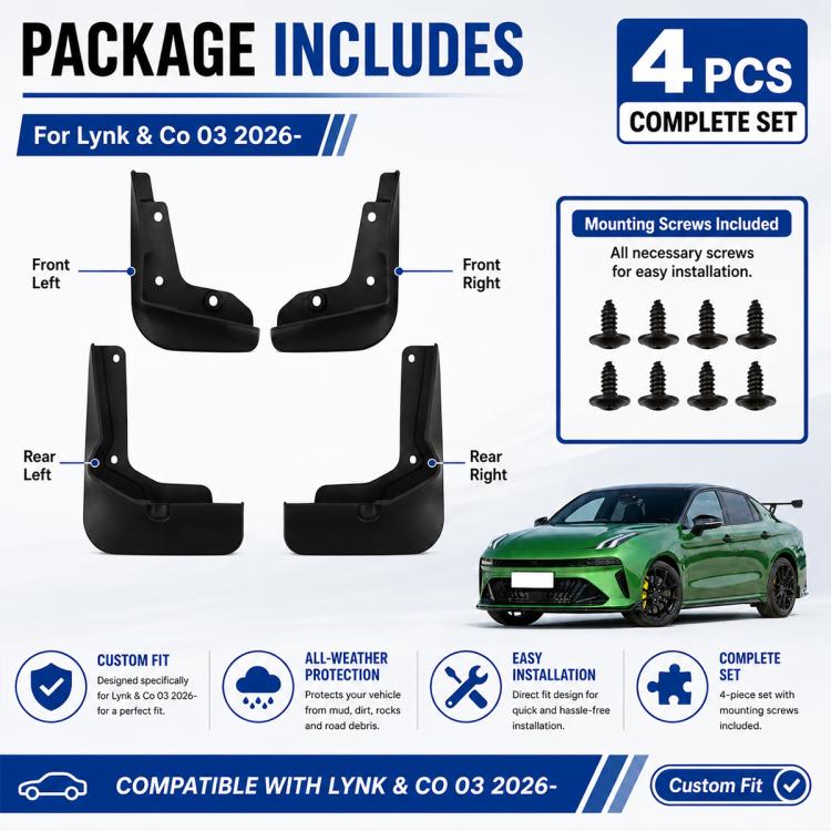 Black 4-piece mudguard set with included mounting screws for front and rear