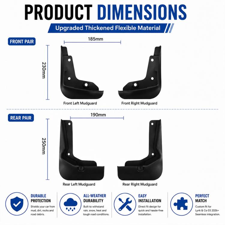 Black front and rear mudguard splash flaps, product dimensions layout