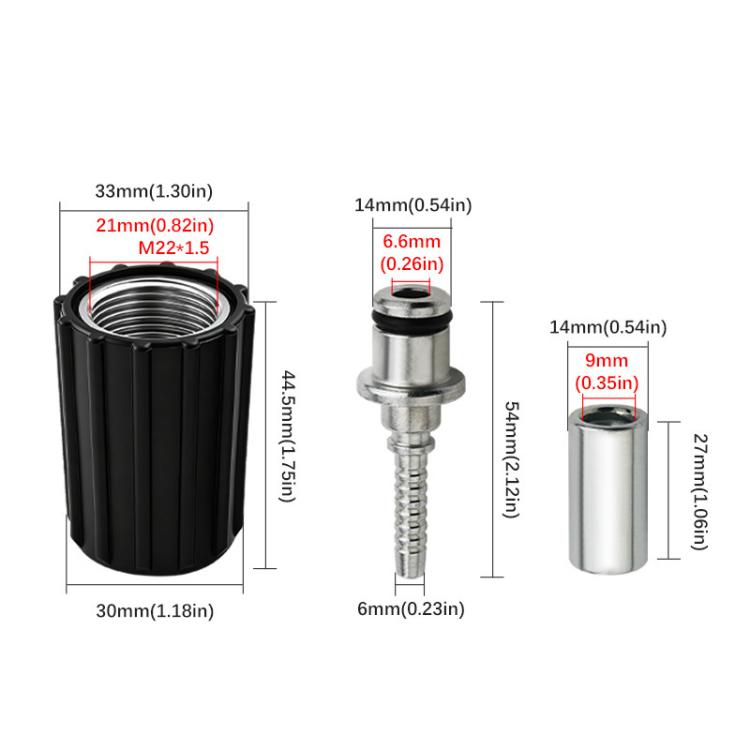 High-pressure hose connector set with black sleeve, silver core, and metal coupler