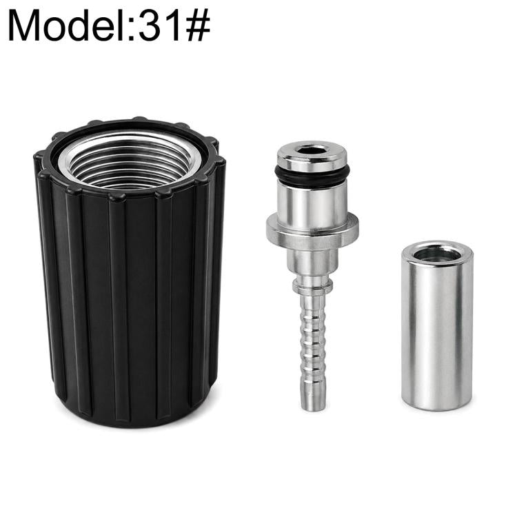 High-pressure hose connector with black outer sleeve and silver metal coupler