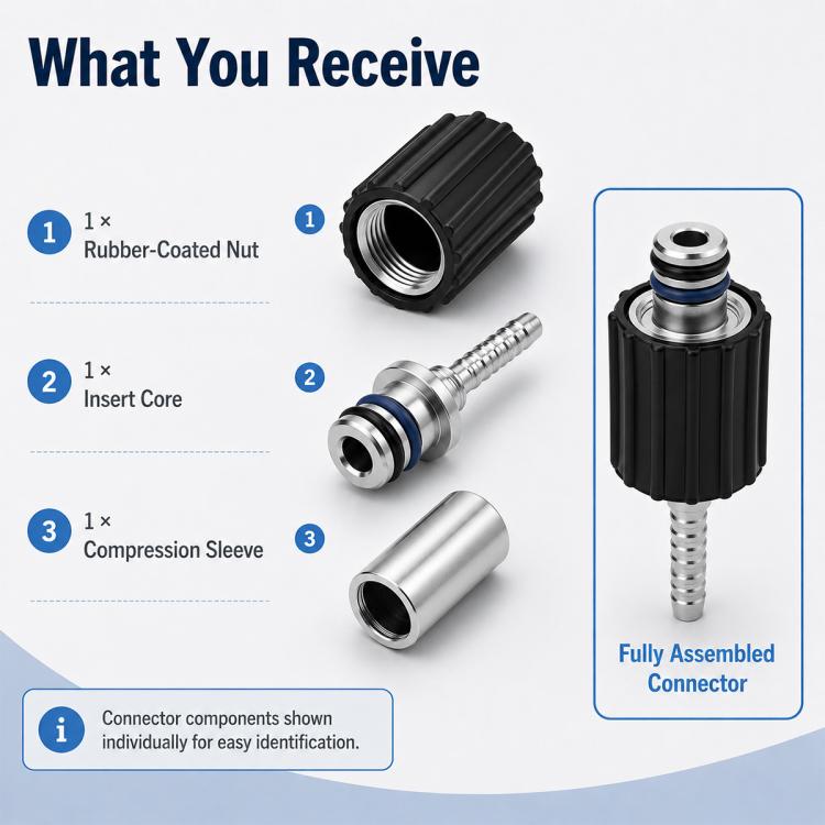 High-pressure hose connector components with black nut, silver core, and compression sleeve