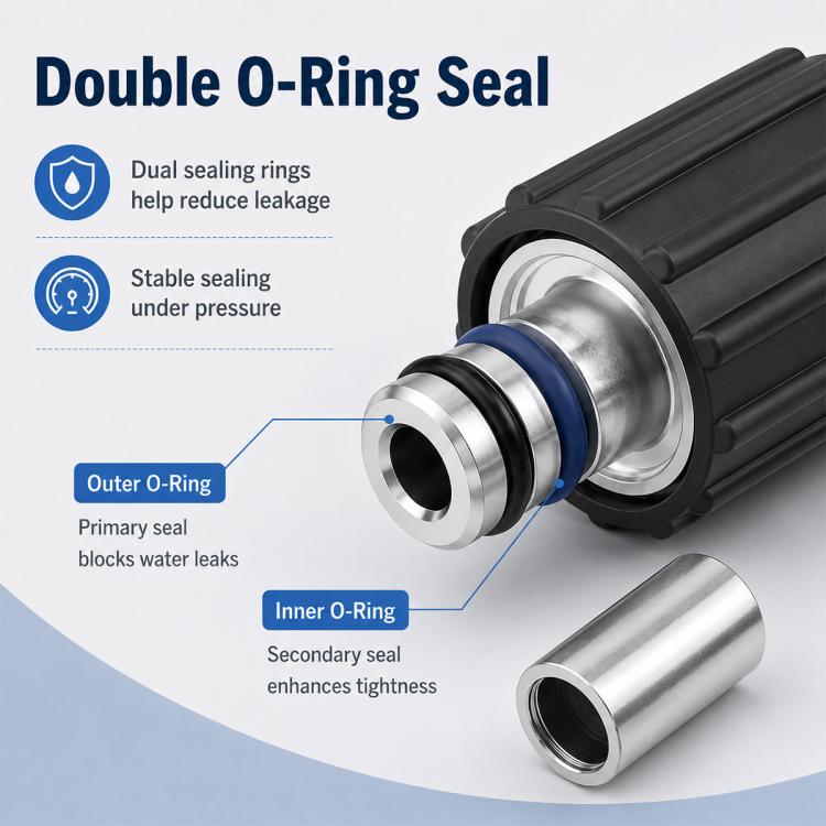 High-pressure hose connector with double O-ring seal and silver metal insert