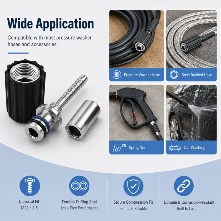 High-pressure hose connector with black sleeve and silver fittings for washer use