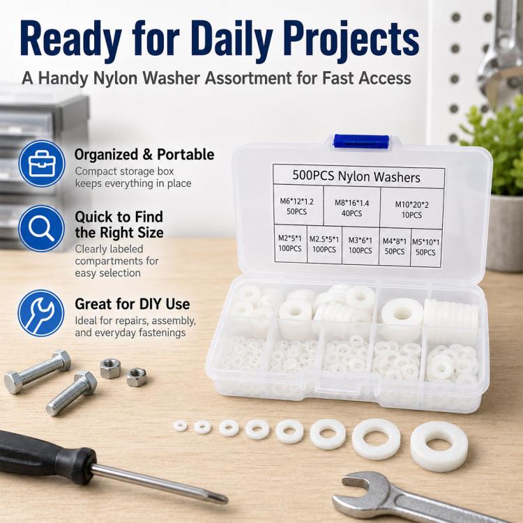 500PCS Nylon Flat Washer Insulating Round Spacers, 500PCS White