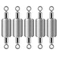 Five embossed metal fishing sinkers with top loop and bottom eyelet rings, silver