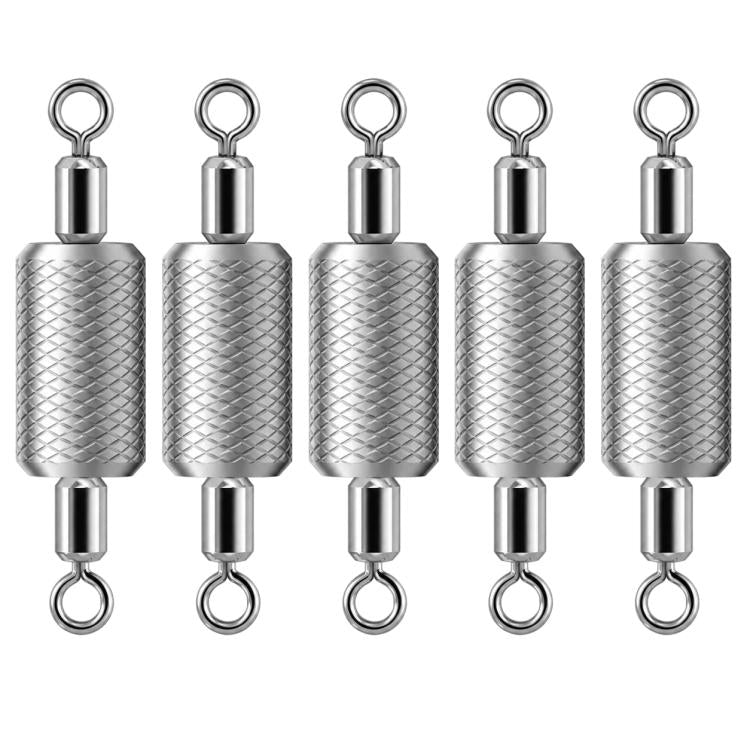 Five embossed metal fishing sinkers with top loop and bottom eyelet rings, silver