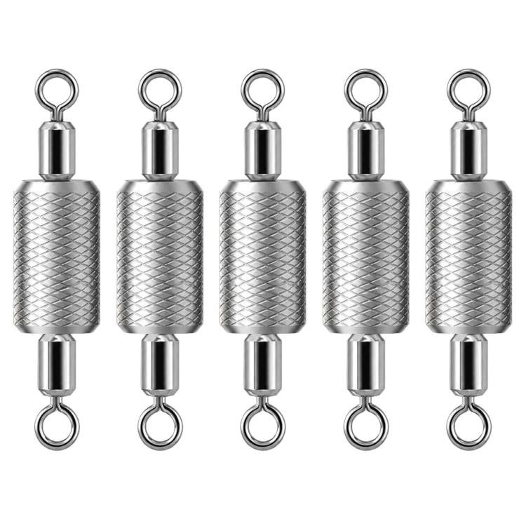 Pack of five embossed fishing sinkers with dual loop rings, silver tone