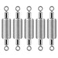 Five embossed lead fishing sinkers with dual loop rings, silver tone