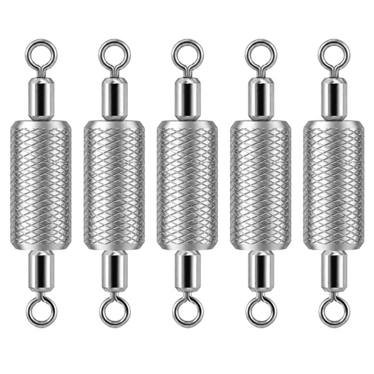 Five embossed lead fishing sinkers with dual loop rings, silver tone