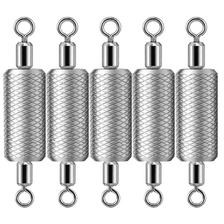 Five embossed metal fishing sinkers showing dual loop rings and bottom eyelets