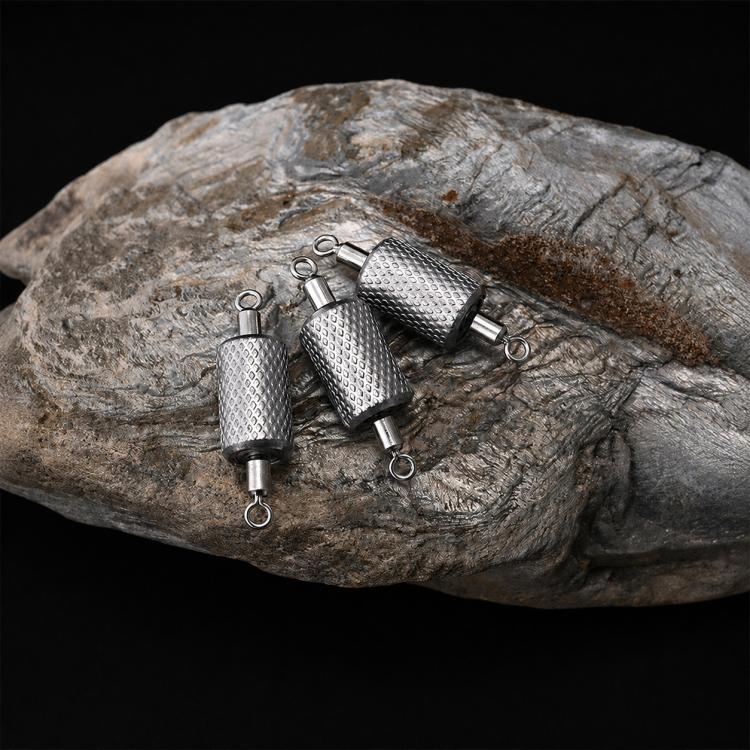 Set of five dual-loop embossed lead sinkers, silver-gray textured cylinders with ring attachments