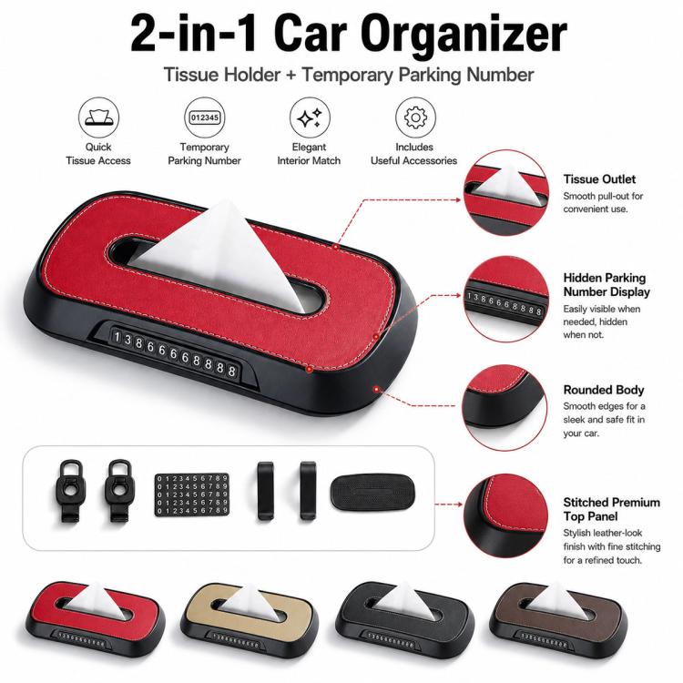 Car Tissue Box with Temporary Parking Phone Number Card, Leather