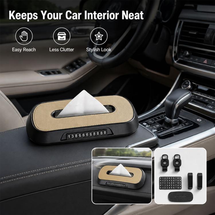 Car Tissue Box with Temporary Parking Phone Number Card, Leather