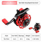 Red and black magnetic drop-control fishing reel with red handle and side plate