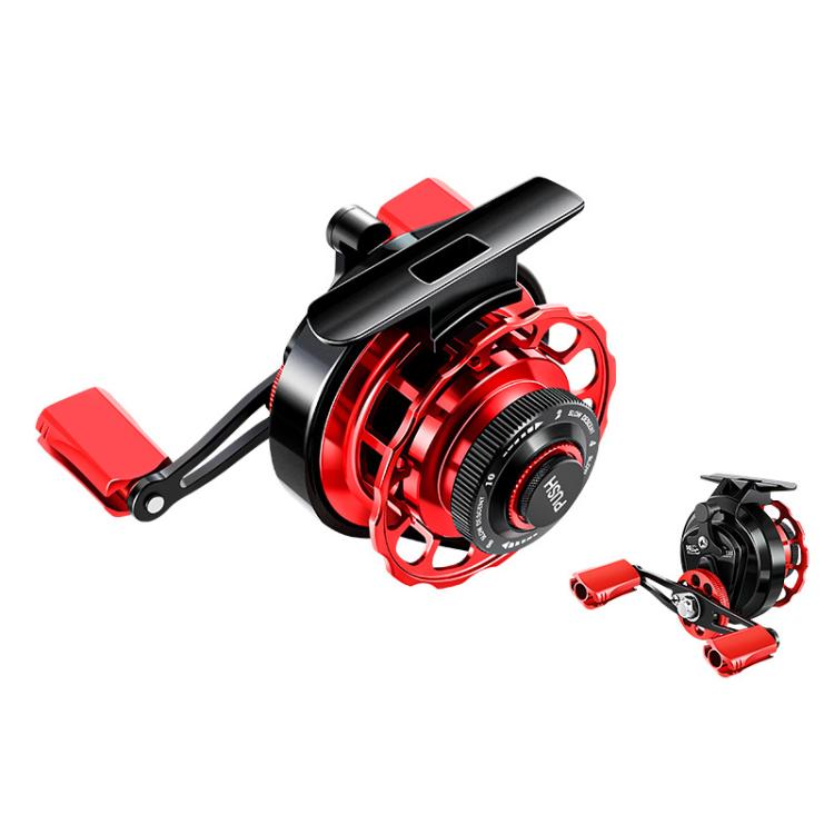 Red and black baitcasting fishing reel with red internal frame and side crank handle