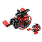 Red and black baitcasting fishing reel, angled view, with red handle and spool cover