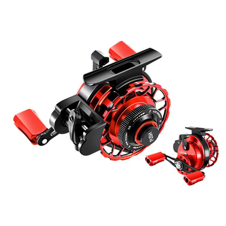 Red and black baitcasting fishing reel, angled view, with red handle and spool cover